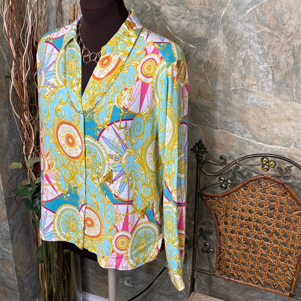 Jane & Delancey 🌹 shirt, top blouse tunic sleeve button collar paisley nautical - Picture 8 of 12